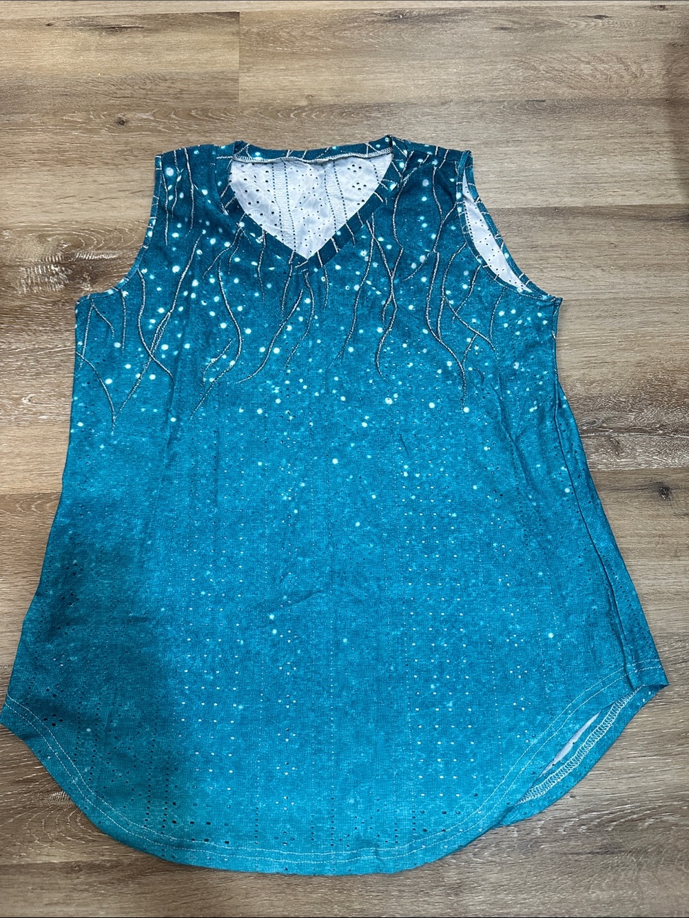Sleeveless Teal V-Neck Embellished Women's Top - holes throughout